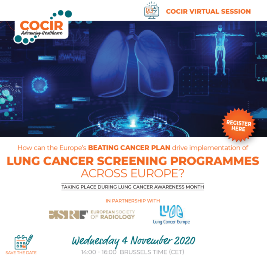 COCIR's tweet photo. How can #EUCancerPlan #BeatingCancerEU drive implementation of Lung Cancer #Screening programmes across Europe? Join our virtual session in partnership with @myESR @LungCancerEu: Wed 4 Nov 14.00 to 16.00 Brux time. Register Now ! https://t.co/GEopILQW8c #EU4Health #Lungcancer https://t.co/wjdixREeFQ