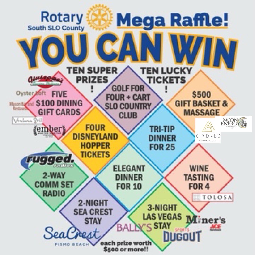 Get your ticket from on of your local South SLO County Rotarian and win big!!!!