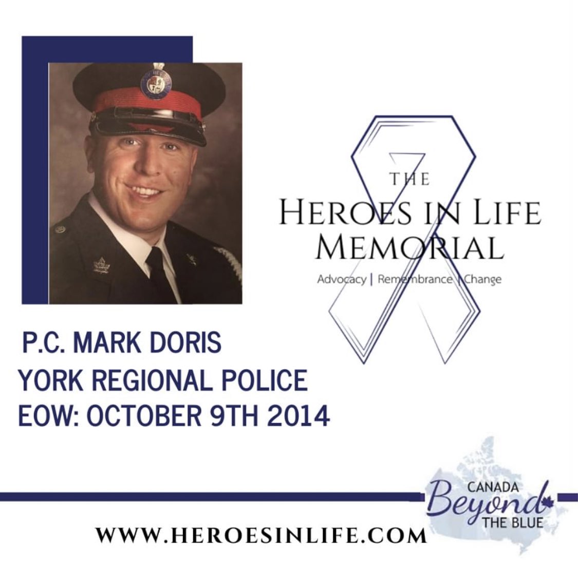The Ontario Police Heroes in Life Memorial remembers &amp; honours Police Constable Mark Doris who proudly served the <a href="/YRP/">York Regional Police</a>. We are sending strength and love to his family, friends and colleagues. #Heroesinlife #BecauseOfTheLineOfDuty
heroesinlife.com