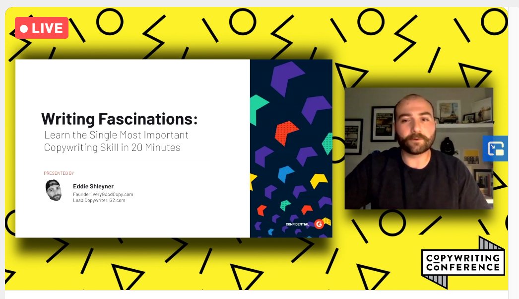 procopywriters's tweet image. *Fascinating* #CopyCon20 session beginning right now with @VeryGoodCopy talking about the “most powerful #copywriting technique you’ve never heard of.”