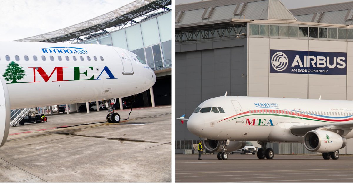 Airbus's tweet photo. A day to remember for everyone at Airbus as we celebrate the delivery of the #A320 Family's MSN1️⃣0️⃣0️⃣0️⃣0️⃣aircraft - an #A321neo to @MEAAIRLIBAN.
MEA is no stranger to A320 milestones as it took delivery of MSN5000 in 2012. Here's to the latest milestone in this close partnership! https://t.co/RR4LChHDFx