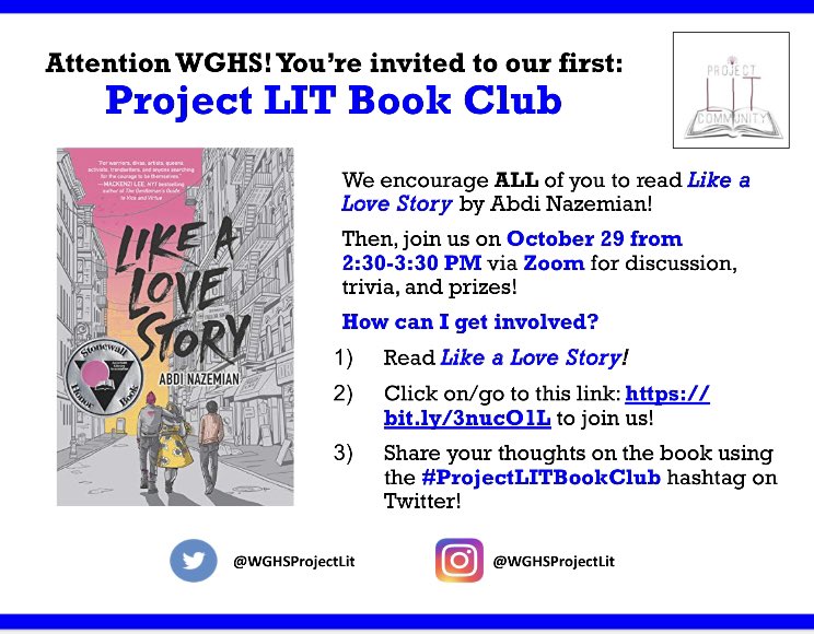 WGHSProjectLit's tweet photo. Join us for our first 20-21 Virtual #ProjectLITBookClub with @Abdaddy’s Like a Love Story! All are welcome 💙💛 @ProjectLITComm @WestGeneseeCSD @WGHSEnglish @ExecWghs @MrsKlefbeck @tvaughanWGHS @MrsMHWhite https://t.co/NW6CzAhbj5