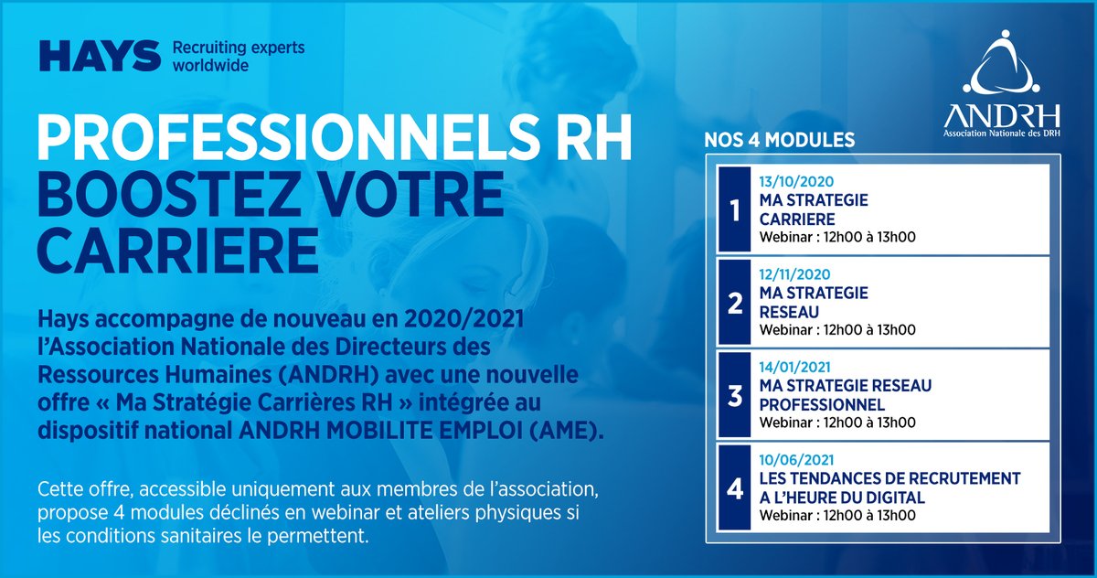 Hays_France's tweet image. Hays accompagne de nouveau l’ANDRH avec une nouvelle offre « Ma Stratégie Carrières RH » intégrée au dispositif national ANDRH MOBILITE EMPLOI (AME).

Pour plus d'informations : hays.fr/andrh

#Hays #ANDRH #ConseilsCarrière #RH #Carrière #Accompagnement