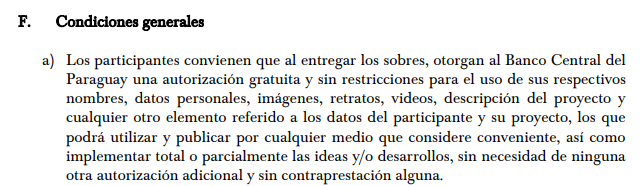 juanchiruax2008's tweet photo. @BCP_PY El premio es de 10 millones de Gs. (~1.440USD) para publicar una idea de negocios que puede ser exitosa y el BCP en sus condiciones agrega una autorizacion para usar e implementar la idea.. que joda, no se a quien benefician al final @BCP_PY https://t.co/BLWBnt8dqo