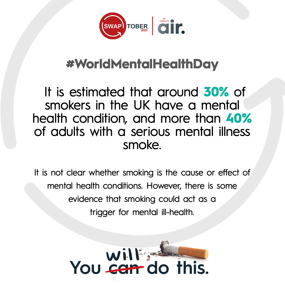 For #WorldMentalHealthDay we want to highlight some facts surrounding smoking and the effects it has on your health. 🚭

There's no better time than NOW to quit for good,
For your mental health!
swaptober.org.uk/quit-with-air/
 #swaptober #stoptober #mentalhealth #MentalHealthAwareness