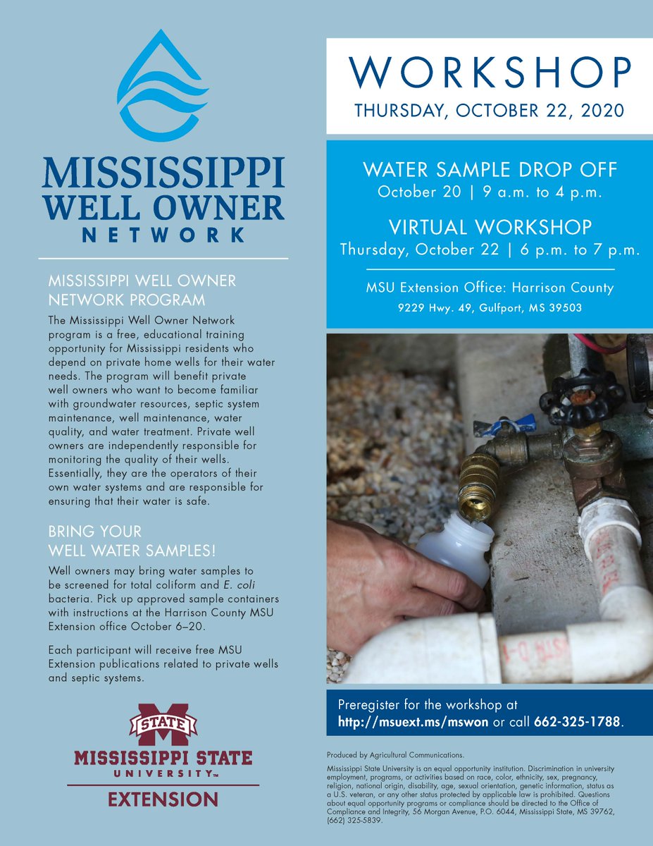 The Mississippi Well Owner Network is coming to the MS Gulf Coast! We will be collecting water samples for screening on October 20th plus we will have a virtual workshop on October 22nd. Please see the attached flyer for all details. #privatewell #water