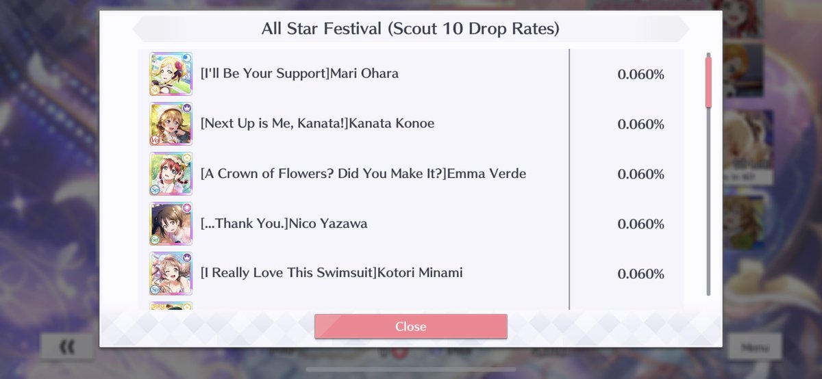 okay WHAT THE FUCK IM HAPPY I GOT FES MARI AND FES MARU ESPECIALLY SINCE THEY’RE AT LIKE. 0.06% CHANCE. BUT!!!EXCUSE ME AI HAS 5X THE CHANCE OF GETTING PULLED COMPARED TO THEM?I ALSO HAVENT GOTTEN ELI SO THIS IS A TRAGEDY, I GOT HER ON JPSIFAS SO HOW TF IS SHE NOT HERE YET???