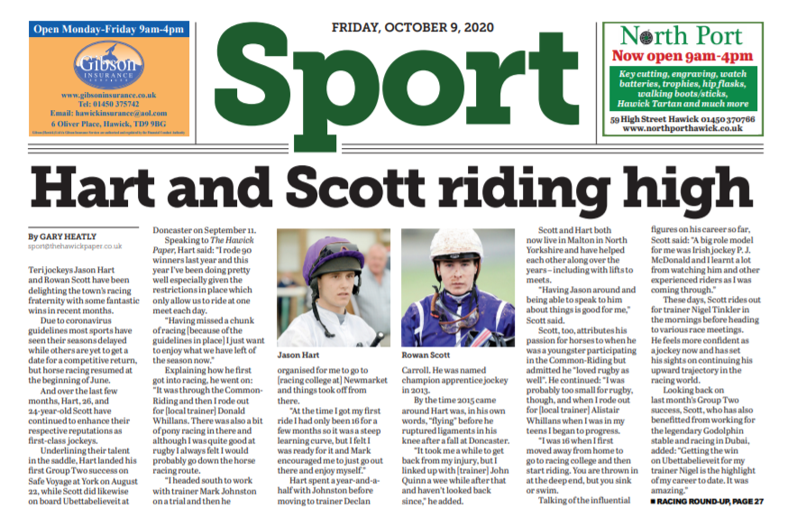 Great to chat to in-form jockeys @jasonhart13 and @rowan_49 about their recent successes and their sporting journeys via @TheHawickPaper