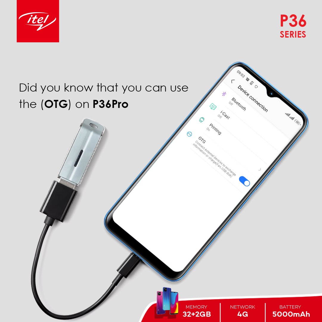 itelrwanda's tweet photo. Wari uzi ko ushobora gukoresha uburyo bwa OTG muri #P36pro yawe. OTG ikwemerera gukura ibintu kuri flashdisk ubishyira muri telephone yawe bidasabye ko ubanza kubishyira kuri mudasobwa yawe.
P36pro igura 105,000Rwf
#RwOT
#friday
#fridayvibes
#itelrwanda https://t.co/ygSvNR5ORE