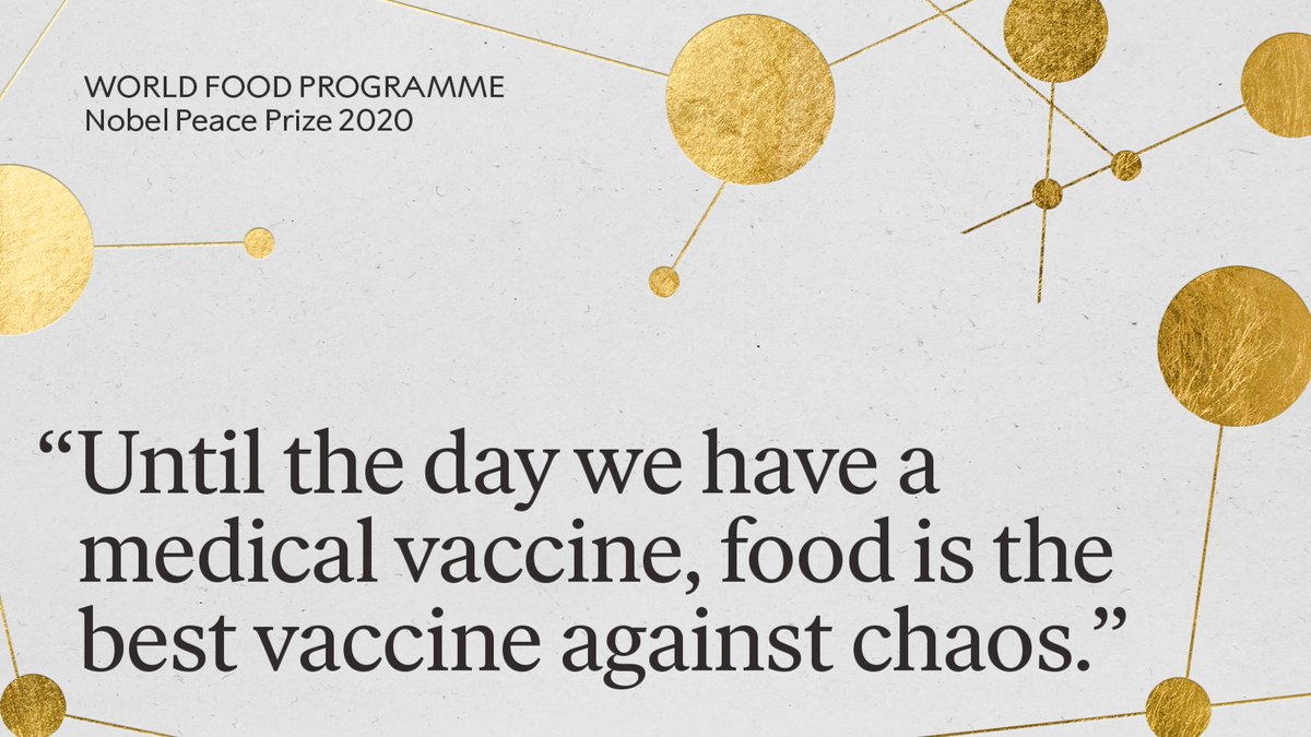 The Nobel Prize (@nobelprize) on Twitter photo The coronavirus pandemic has contributed to a strong upsurge in the number of victims of hunger in the world. In the face of the pandemic, 2020 #NobelPrize laureate the World Food Programme <a href="/WFP/">World Food Programme</a> has demonstrated an impressive ability to intensify its efforts.
#NobelPeacePrize The coronavirus pandemic has contributed to a strong upsurge in the number of victims of hunger in the world. In the face of the pandemic, 2020 #NobelPrize laureate the World Food Programme <a href="/WFP/">World Food Programme</a> has demonstrated an impressive ability to intensify its efforts.
#NobelPeacePrize