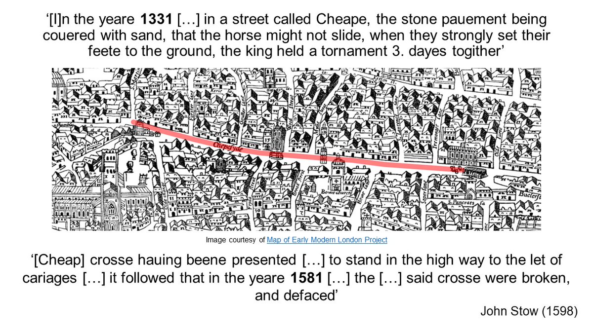 7/ 20 So we learn that Cheapside was an open space where horses participated in public spectacles like tournaments in the 14th century. However, in Stow’s lifetime traffic increased so much that the iconic Cheap cross obstructed horse-drawn carriages.   #HiddenLandscapes