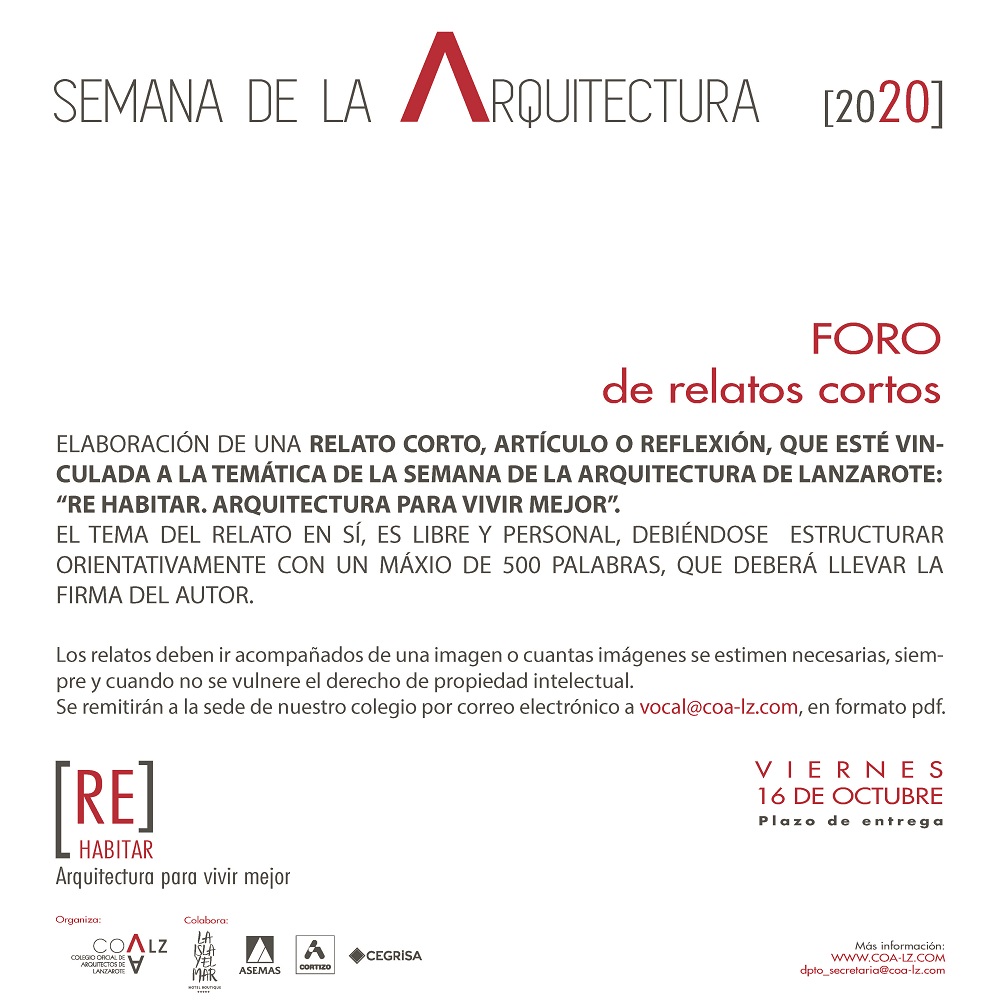Llega el fin de semana y me gustaría invitaros a participar con un relato corto, en la Semana de la Arquitectura de #Lanzarote, especialmente a algunos que sé de buena tinta que este año raro habéis estado por aquí <a href="/anatxuz/">Anatxu Zabalbeascoa</a> @baragano_ <a href="/Libe_reharq/">Libe Fdz Torróntegui</a> 😉😉😉
Anímense
