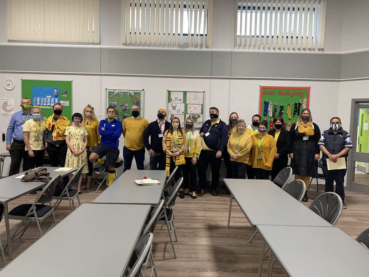 TheHubSchoolER's tweet photo. The Hub Staff are turning yellow today to show their support for Young Minds and world mental health day. We writing messages of positivity on yellow ducks and teachers are starting every lesson with a joke #youngminds #worldmentalhealthday https://t.co/mlOeqIX1ph