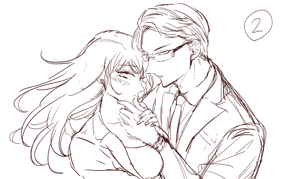 ラフです!構図は2種類描いて、1に決まりました。麗華さんのスーツの色はかなり悩んで、担当さんに相談してベージュで塗らせていただきました。 