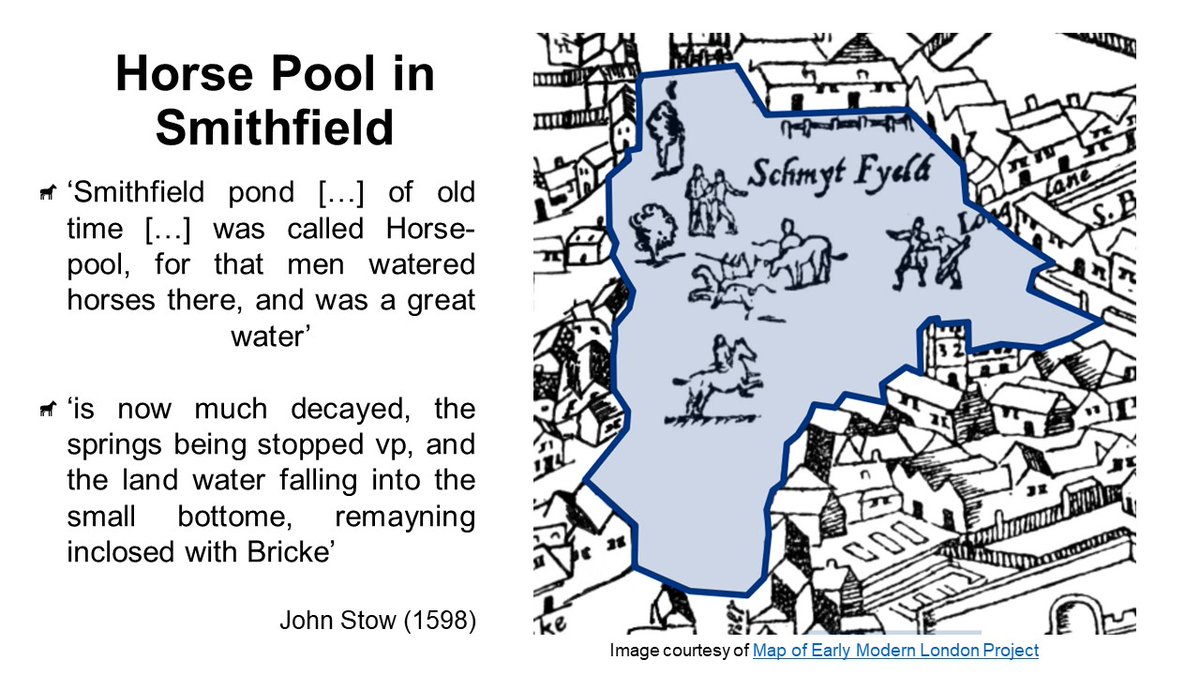 9/ 20 Moreover, the Survey refers to equine practices to show how London’s rapidly expanding population put pressure not only on the medieval road system but also on urban water sources such as Smithfield pond.  #HiddenLandscapes