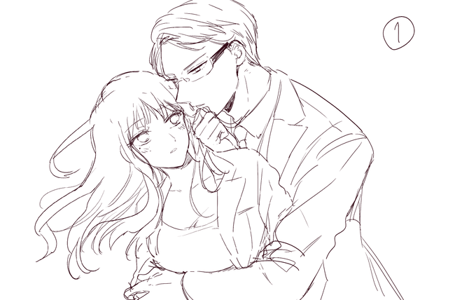 ラフです!構図は2種類描いて、1に決まりました。麗華さんのスーツの色はかなり悩んで、担当さんに相談してベージュで塗らせていただきました。 