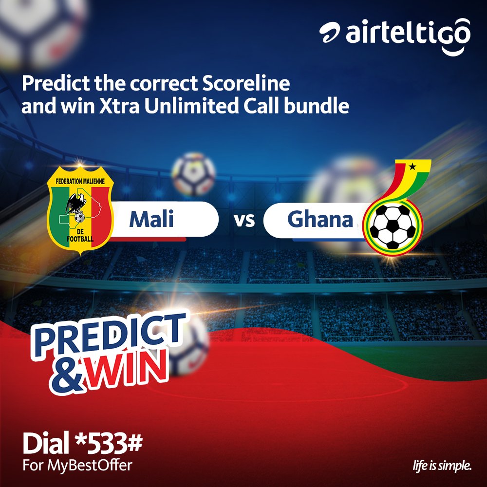 theatghana's tweet photo. #LesAigles of Mali🇲🇱 faces off the #BlackStars of Ghana🇬🇭 today! Let's cheer our stars to victory🙌🏽! 

Be the 1st to predict the final scoreline correctly before 2nd half begins and WIN an offer on *533# from us! 

#MyBestOffer #AirtelTigoMatchday #MALGHA #Ghana #Mali https://t.co/FkgOyWimy5