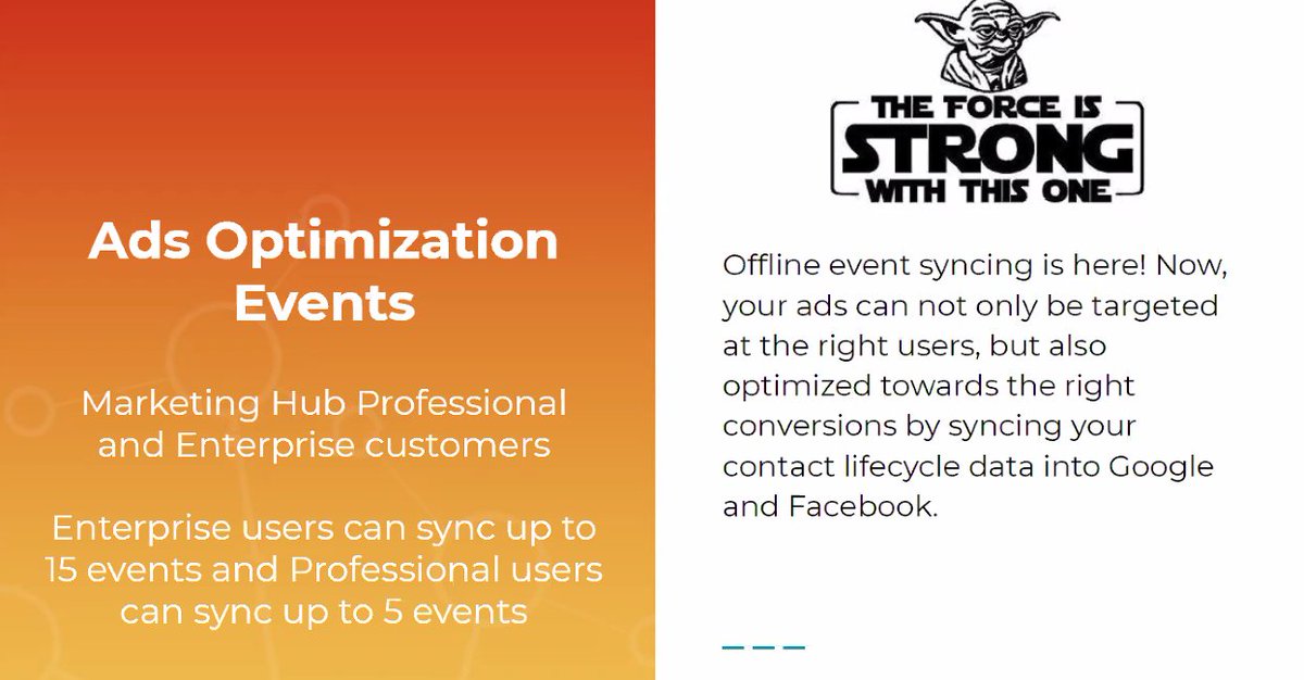 SpitfireInbound's tweet photo. 🎯The force is strong with this one! Marketing Hub Professional &amp; Enterprise customers can optimise ads and sync contact lifecycle data into Google and Facebook #spitfireinboundacademy @Nicole_Sengers @hubspot @INBOUND #inbound2020 https://t.co/xSXMod3qnJ