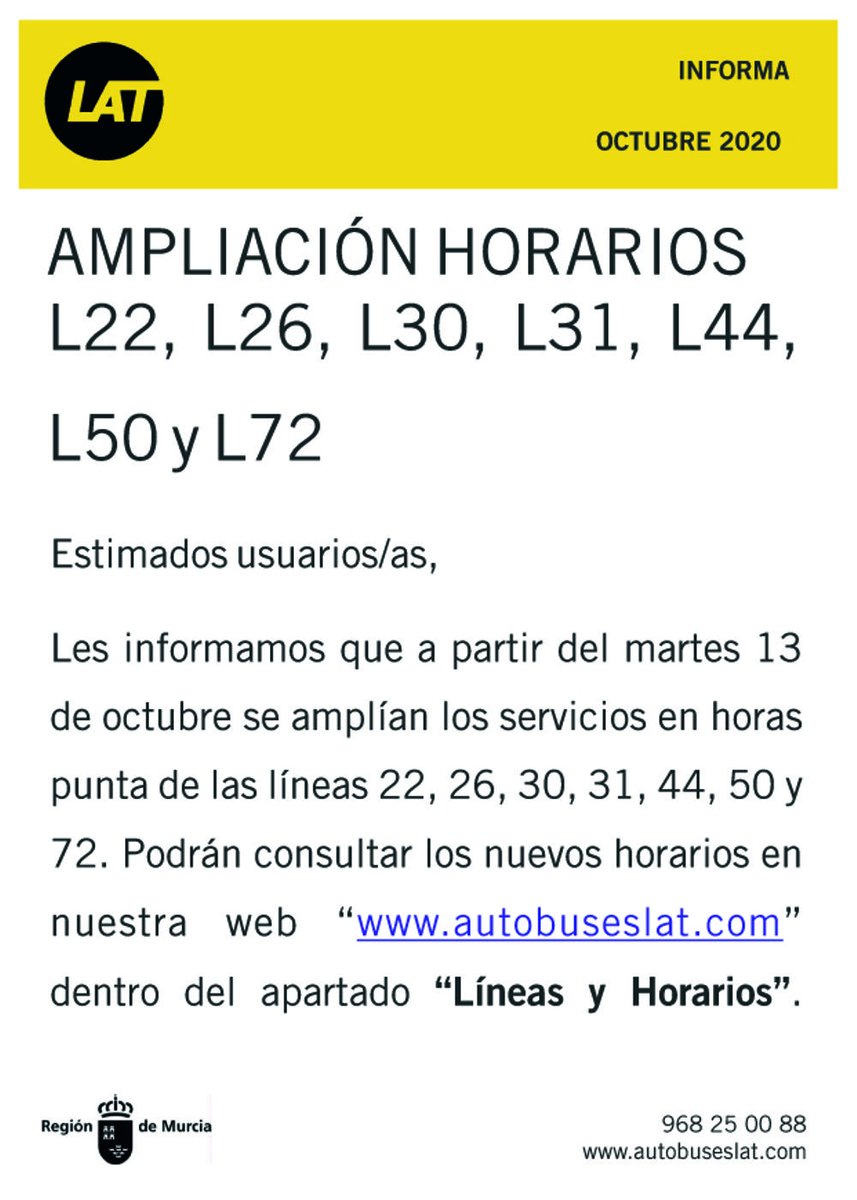 #Aviso #AutobusesLAT
📢📢A partir de mañana ampliamos horarios L22, 26, 30, 31, 44, 50 y 72📢📢