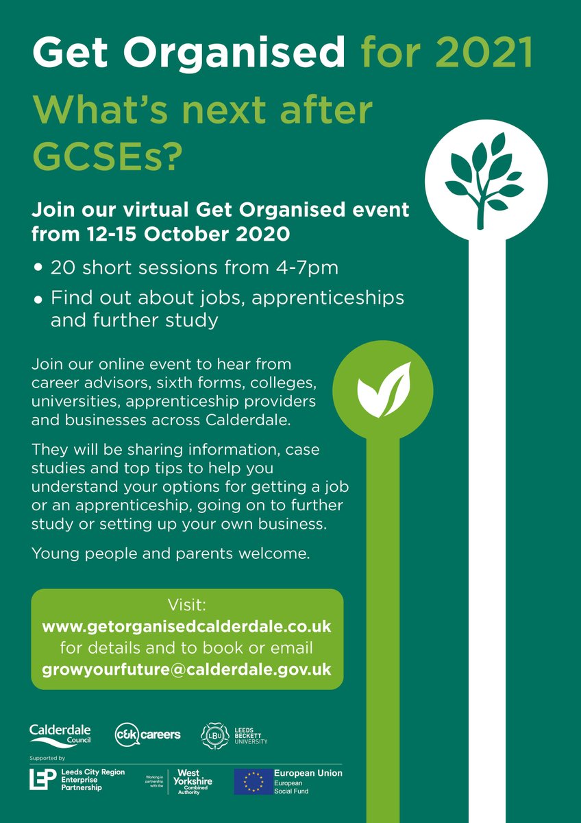 thebrooksbank's tweet image. Here’s a heads up on a key event for Year 11s.
GET ORGANISED is 100% online from 12-15 October. Look out for BROOKSBANK SIXTH plus a raft of info about #sixthforms, jobs &amp;amp; apprenticeship opportunities. Visit getorganisedcalderdale.co.uk to find out your next steps @thebrooksbank