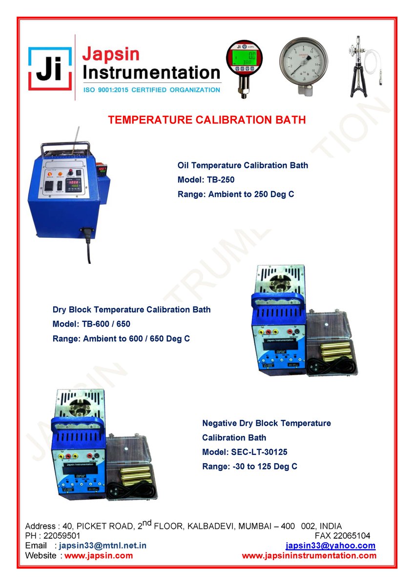 JIGAUGES's tweet image. Temperature Calibration Dry Block Bath
japsin.co.in
Range: Ambient to 600 Deg C
Range: Ambient to 650 Deg C
Range: -30 to 125 Deg C   
Range: 300 to 1200 Deg C 
#jigauges #japsininstrumentation #temperaturecalibration #Dryblockbathcalibrator