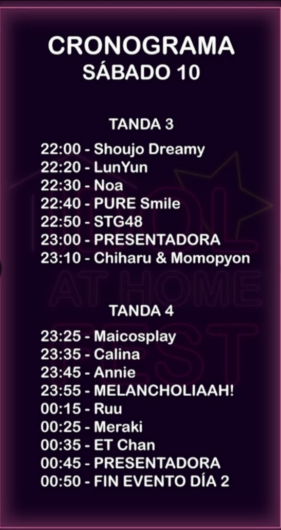 at_fest's tweet photo. [ESP]
El cronograma del día sábado 10 de octubre se encuentra ya publicado en nuestras redes sociales. ¡No se olviden de sintonizar desde las 19:00 hrs (Chile) por nuestra plataforma Twitch este increíble evento! https://t.co/8jFRGZ0qLd