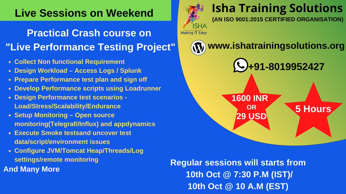 IshaKumargupta's tweet image. Isha Training Solutions is starting a new batch for "Practical Crash course on Live performance testing project" training
Regular Sessions Timings:
10thOct@7:30 P.M(IST)/10A.M(EST)
pls call or whatsapp @ +91-8019952427
#performancetestingtutorial #performancetestingt
