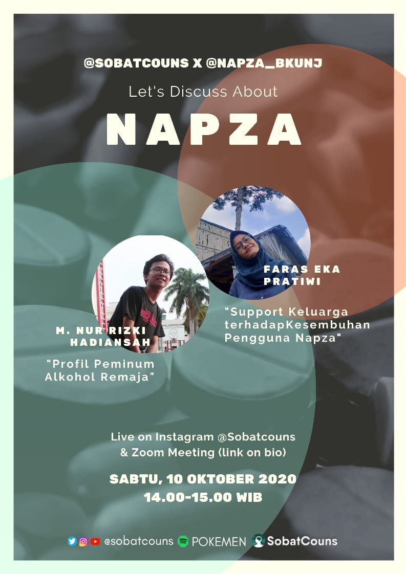 SobatCouns's tweet photo. [@sobatcouns x @napza_bkunj Let's Discuss About NAPZA]

Sobat couns dan mahasiswa Bimbingan dan Konseling Universitas Negeri Jakarta mengajak kalian untuk ikut dalam diskusi mengenai NAPZA. 

Jangan lupa hadir yaa!! GRATIS!!

#NAPZA #sobatcouns #Mentalhealth https://t.co/4L0oD4ZNrZ