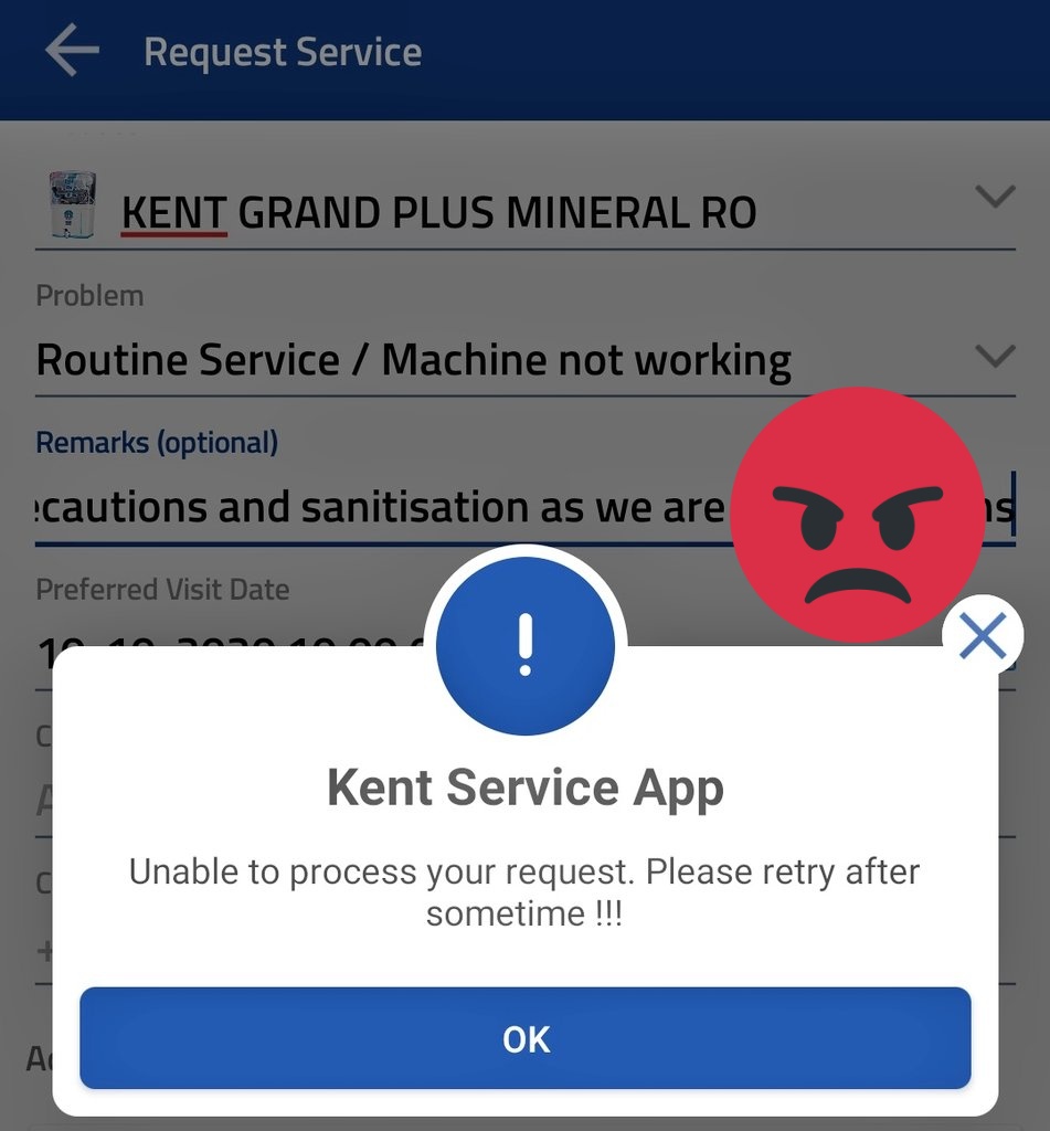 varunrulz07's tweet photo. @KentROSystems this is frustrating. Unable to book routine service request. I wonder what made you people think of creating this faulty app. Will you please fix it asap. Thanks!!!
#unreliable #regrets #freeserviceofnouse #worstcustomerservice #kentro https://t.co/Sw5lM8I9vD
