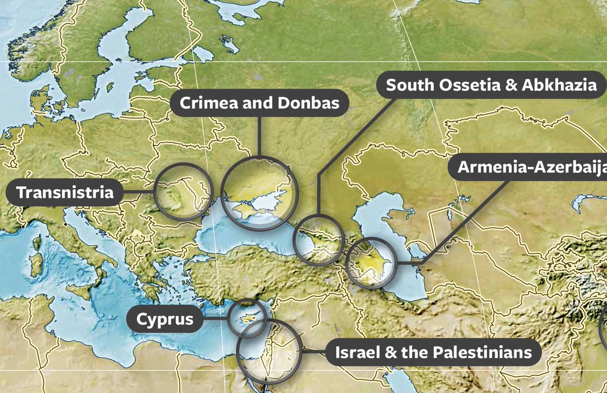 En un radio de sólo 500 Kms alrededor de Turquía se concentran los nueve conflictos internacionales sobre territorios ocupados:

Abjasia 🇬🇪🇷🇺 
Cisjordania 🇯🇴🇮🇱
Crimea 🇺🇦🇷🇺
Chipre del Norte 🇨🇾🇹🇷
Donbás 🇺🇦🇷🇺
Golán 🇸🇾🇮🇱
Nagorno-Karabaj 🇦🇿🇦🇲 
Osetia del Sur 🇬🇪🇷🇺 
Transnistria 🇲🇩🇷🇺