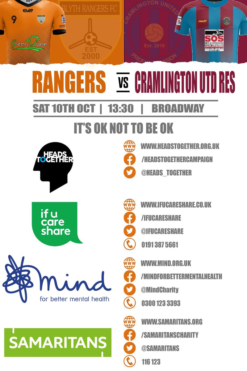 BlythRangers's tweet image. Due to the sad passing of Kyle Dilks,a huge character &amp;amp; member of tomorrows opponents @CramlingtonUtd Res we want to share an important message

ITS OK NOT TO BE OK

Please if suffering speak to someone,dont suffer in silence
@heads_together
@IFUCARESHARE
@MindCharity
@samaritans