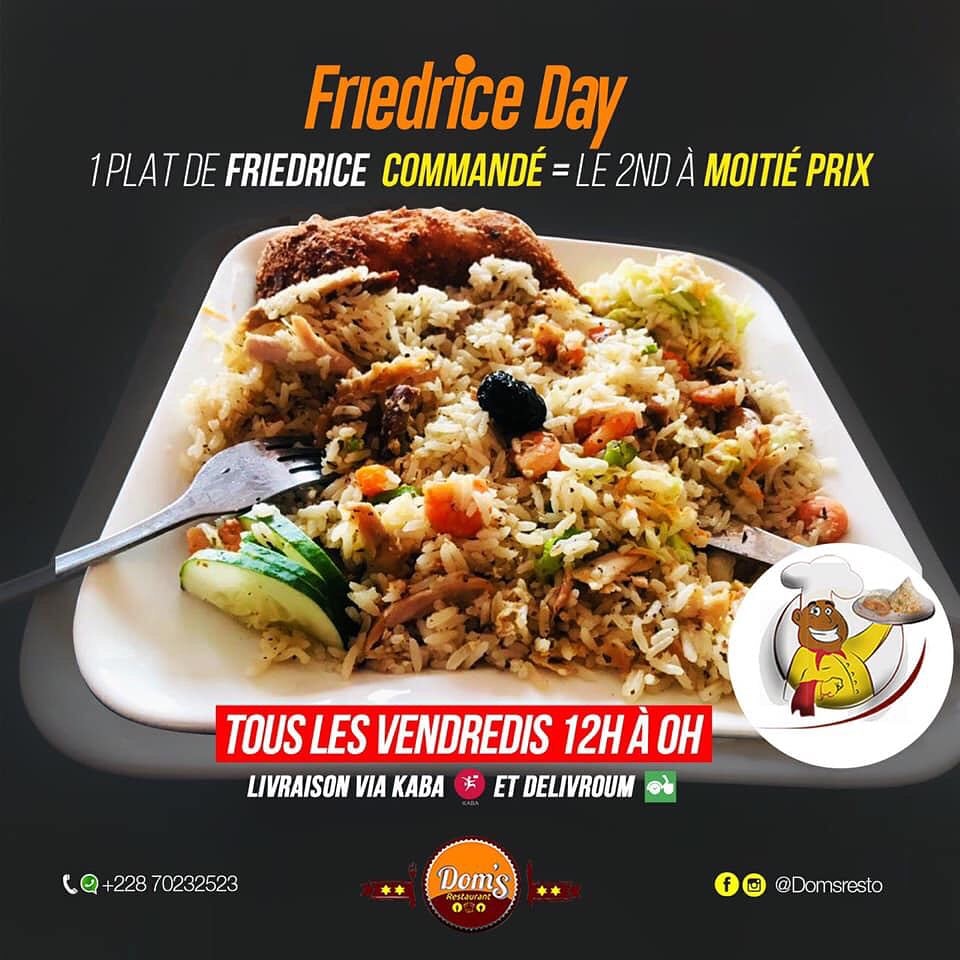 domsresto's tweet photo. Vendredi ! Jour toujours placés sous le signe de la générosité au Dom's ! Car en ce jour, deux plats sont servis au prix d'un et demi.

 Un jour généreux, n'est-ce pas ?! 😀

📞  +228 70 23 25 23 (Gsm/Whatsapp)

#friedriceday #domsresto #TgTwittos https://t.co/GBoAmzAoYw
