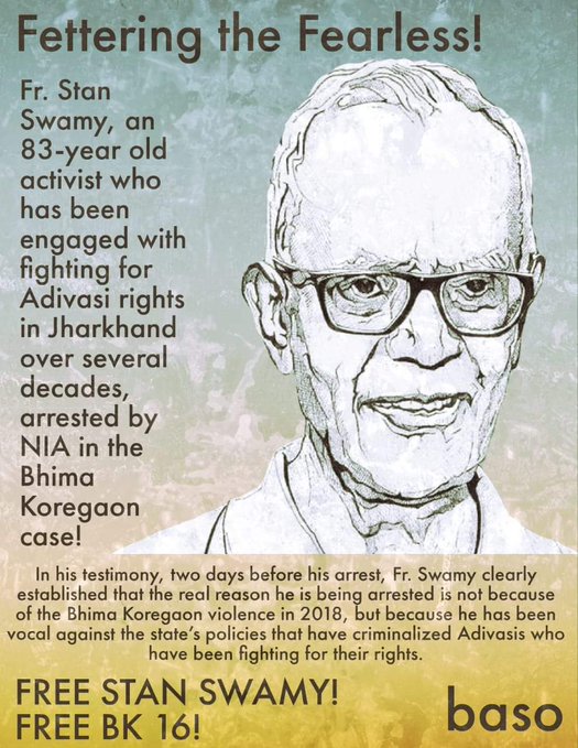 Fr. Stan Swamy, SJ has been arbitrarily arrested. He is a veteran human rights defender. 83 years old, with several ailments. Shameful! Please sign the petition #ReleaseStanSwamy 

change.org/p/devendra-fad…