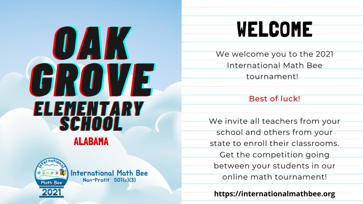InternatMathBee's tweet image. A special welcome to Oak Grove Elementary School @oakgroveel  to the 2021 I@InternatMathBee International Math Bee! We welcome all teachers from the school to register their classrooms and join in on the IMB tournamen fun! #k6math #mathgame #mathtournament