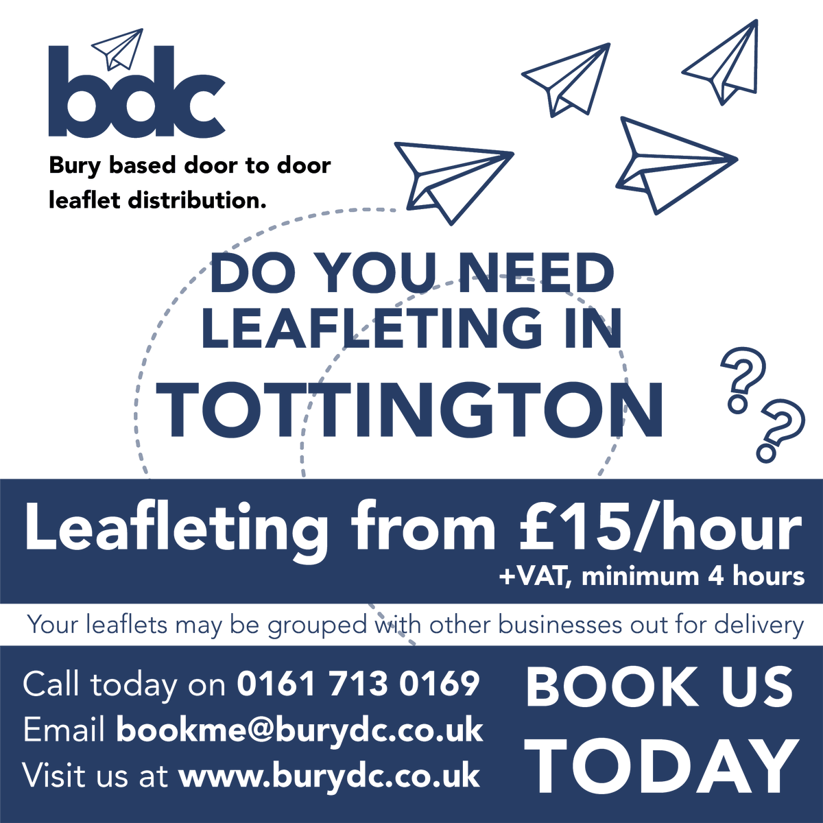 📮 Leafleting from £15/hour +vat (minimum 4 hours)
Do you need #leafleting in #Tottington ?
☎️ Call today on 0161 713 0169
📥 Email bookme@burydc.co.uk
🖥️ Or visit burydc.co.uk
