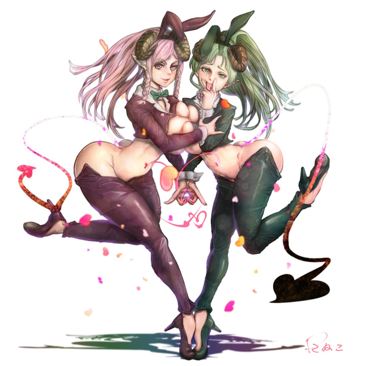 #モンスターイラスト
FVのサキュバスできました。
逆バニー姿のえちちなサキュバスコンビです。
意味深なポーズの意味は…

「手がいい?それとも口?」 