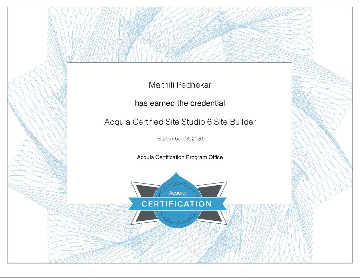 axelerant's tweet image. Our week&apos;s ending swell! 😎
Congratulations to our #DrupalEngineer, Maithili Pednekar on being an @acquia #certified Site Studio 6 #SiteBuilder. 🎉 We wish you all the success and happiness the world has to offer. 🧡

#Certification #CertifiedProfessional