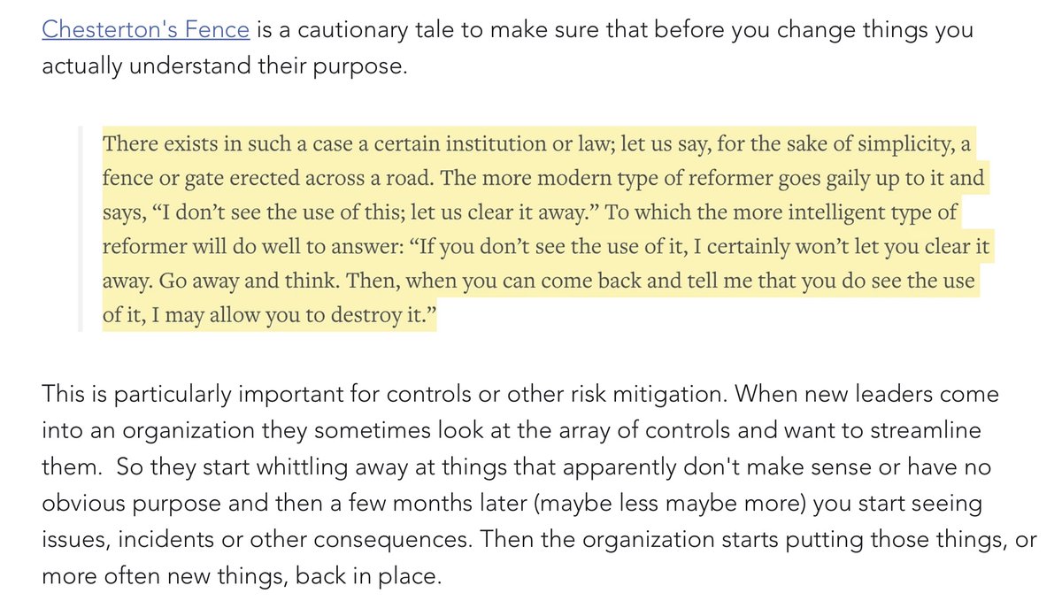 Controls-as-Code. 

Chesterton’s Fence: stuff disabled/changed when people don’t understand the genesis/dependency tree of that feature leads to outages/breaches. Shows need for controls catalogs, control monitoring &amp; SDLC change process for controls. 

bit.ly/3iKgJ6L
