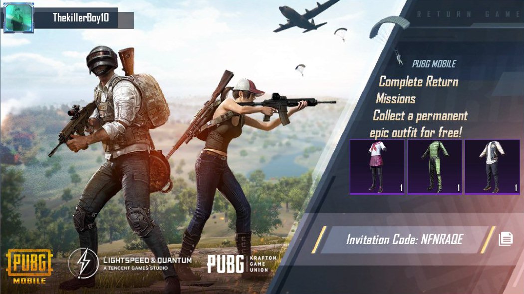 Complete PUBG MOBILE Return Missions! Collect a permanent epic outfit for free! My invitation code: NFNRAQE ig-url.igamecj.com/D7kYkljAMlU5