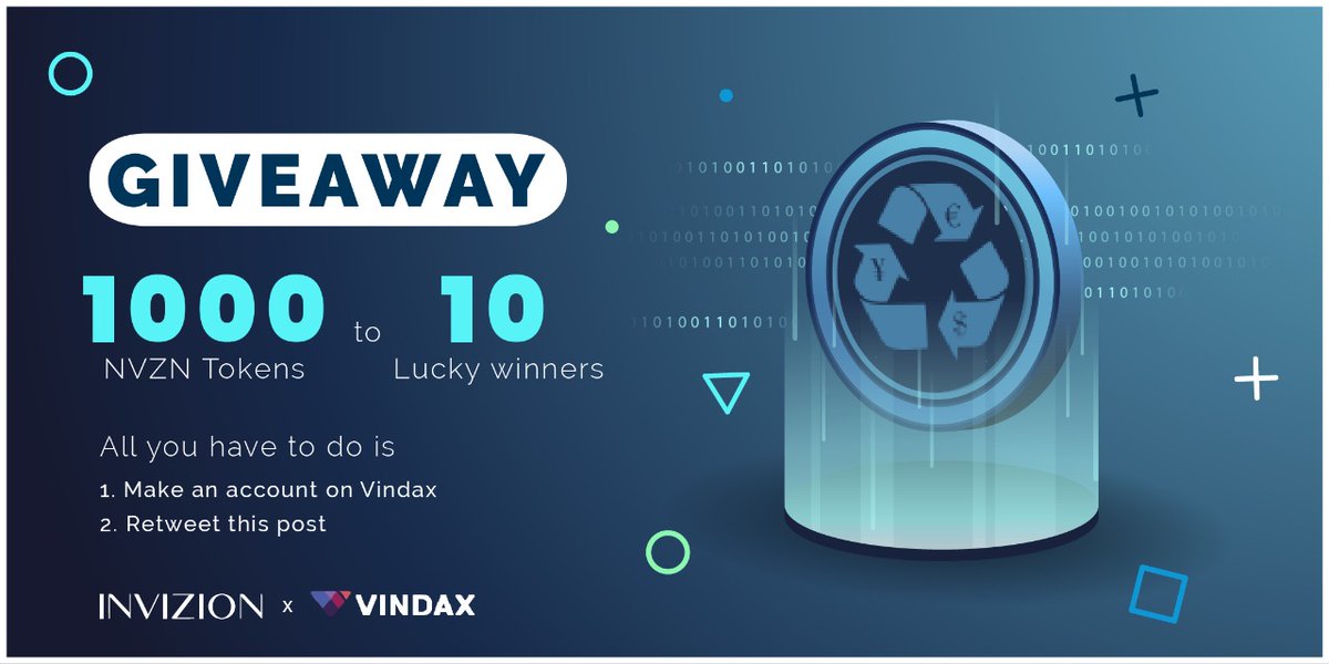 GIVEAWAY ALERT! 🥳

Invizion giveaway - 1000 NVZN tokens to 10 lucky winners! 🤩

Here's how to participate👇

1. Make an account on Vindax 
2. Retweet this post

It’s that easy! Good Luck! 😁

#NVZN #Giveaway #Vindax #RenewableEnergy #IEO #DeFi #BlockchainTechnolgy #GlobalWaste