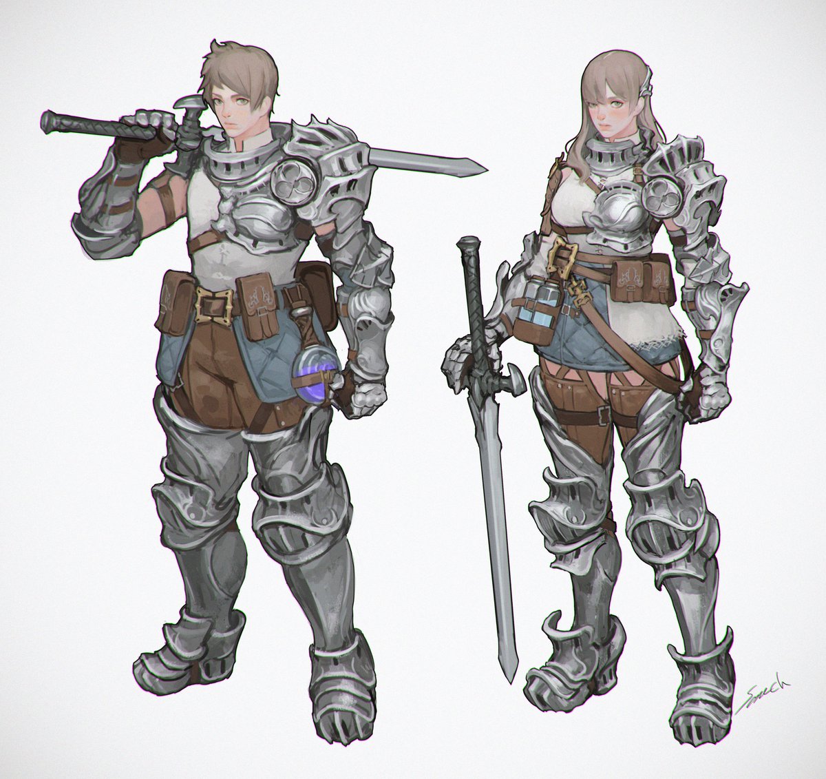 1girl armor weapon 1boy sword holding sword belt  illustration images