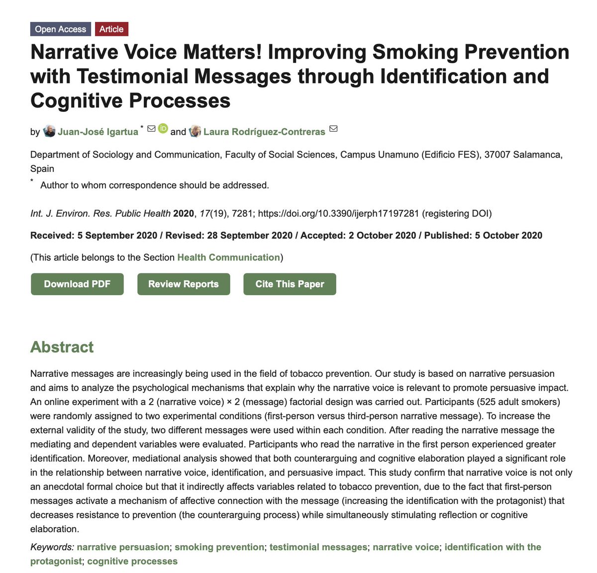 OCA_usal's tweet photo. ¡Nueva publicación! Juan José Igartua &amp; Laura Rodríguez han publicado: “Narrative voice matters! Improving smoking prevention with testimonial messages through identification and cognitive processes.”, en la revista International @IJERPH_MDPI [JCR-WOS, Q1] https://t.co/P5Y6YGhY3A https://t.co/ytKw7IDUCd