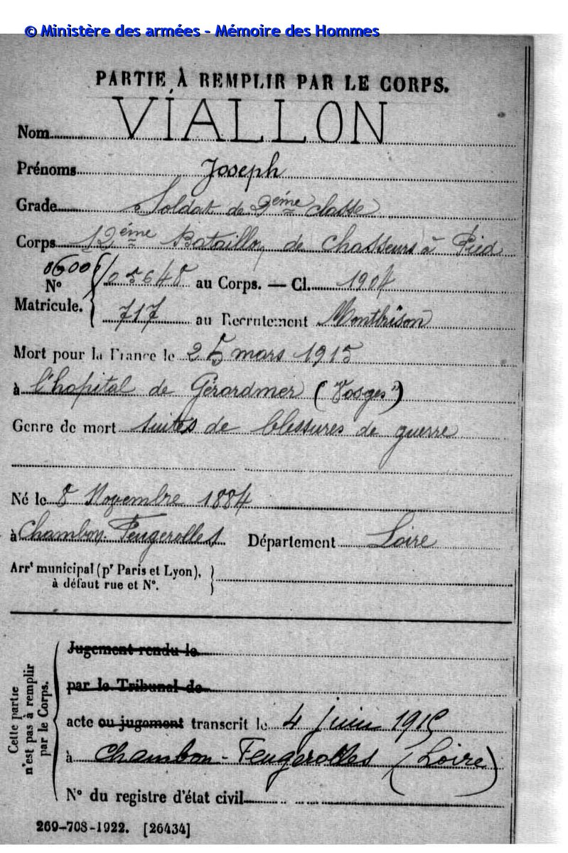 Le_Chtimiste's tweet photo. Joseph VIALLON, né 1884 (Loire) arrivé au 22e régiment d'infanterie décembre 1914, est mort pour la France le 25 mars 1915 à Gérardmer. Il était à cette date au 12e Chasseurs  #Chtimiste #Infanterie19141918 #22eRI https://t.co/kju6CQMkyd