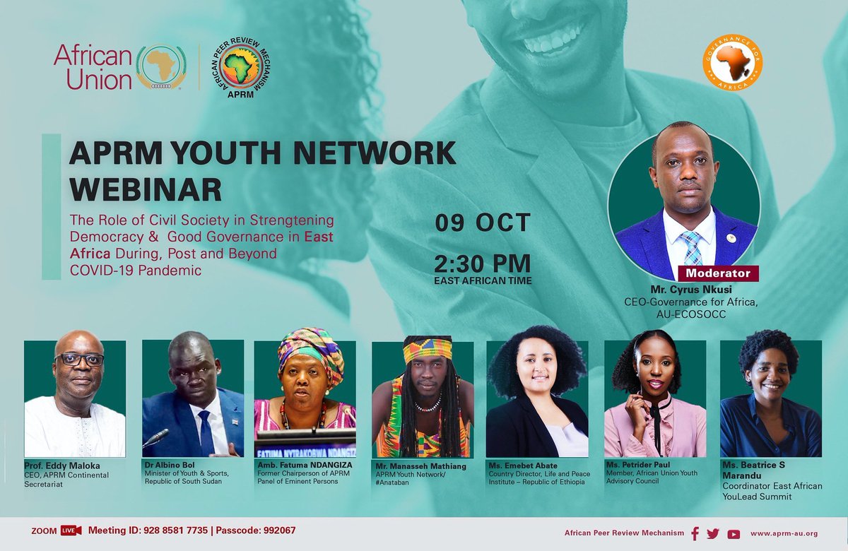 ezra_kip1's tweet photo. Today at 2:30pm (EAT) join @APRMorg as for an interactive event discussing the role of Civil Society in strengthening democracy and good governance in EA. 
@LuandaTM @auyouthenvoy_ @amandaxdev @PetriderPaul https://t.co/Sc1JjvFixi
