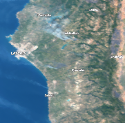 The fires at the western forest in  #Latakia are visible on today's Sentinel-3 imagery in the Al Haffah area and west of Qardaha.  @wammezz