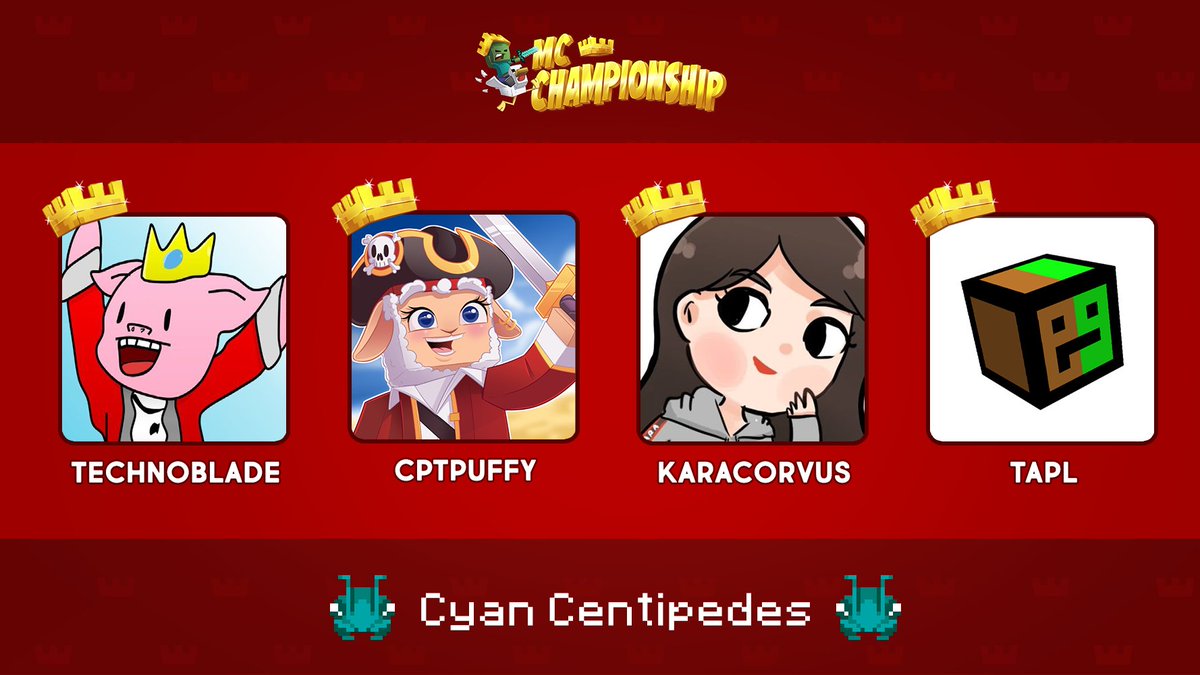 MCChampionship_'s tweet photo. 👑 Announcing Team Cyan Centipedes! 👑

@Technothepig @CptPuffy @KaraCorvus @TapLHarV

Watch them compete in the MC Championship on Saturday 24th October 8pm BST! https://t.co/n59dhg27Eb