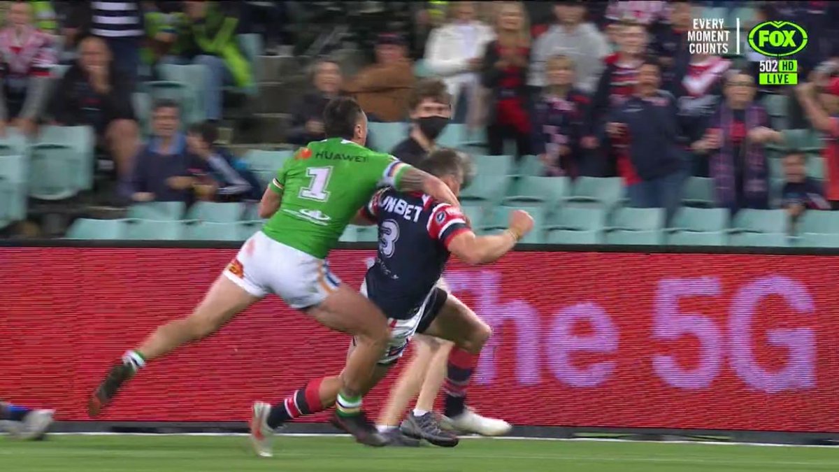 TailorSquared's tweet photo. Didn’t realise you could tackle like this @DanGinnane @WarrenSmithFOX @AndrewVossy #nrl #roosters #raiders https://t.co/JhOyEiu6nB