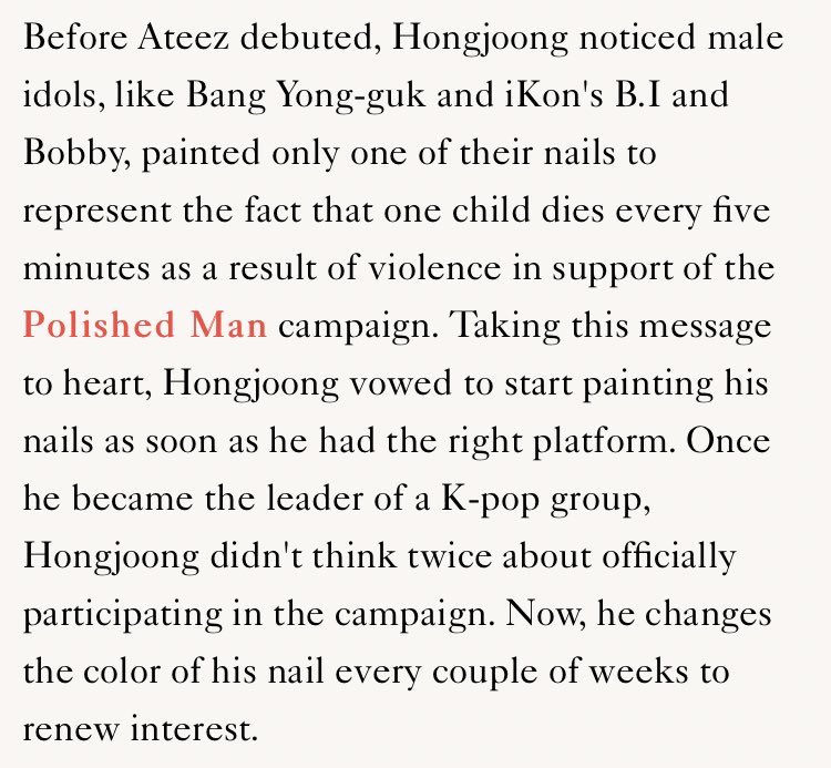 predebut hongjoong got inspired by bobby and hanbin to join the polished man campaign that brings awareness to violence against children. ateez are now ambassadors of the campaign 