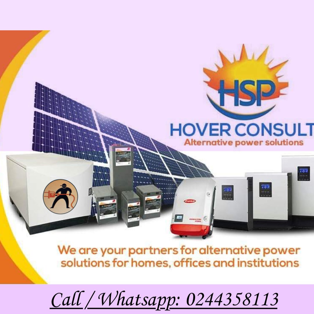 Our Partners , Hover Consult , are Expert dealers in :
- Inverters
- Solar Panels
- Solar Batteries 
- Stabilizers

DM Us or Contact : 0244358113
#solarenergy #alternativePower #SOLAR #solarpanels