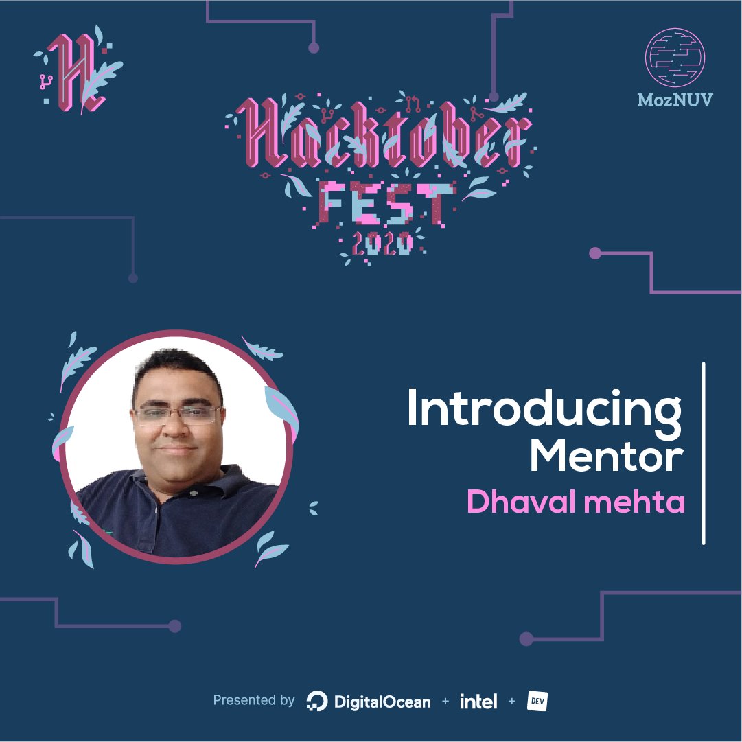 MozNuv's tweet photo. We're excited to tell you that Dhaval Mehta will be mentoring participants who want to contribute to Java and Android projects!! 🤖
Do not miss our event on 11th October, 11:00 AM to 6:30 PM IST!
Check out our @hacktoberfest event page:
https://t.co/EGCvirs1NV
#moznuv @mozguj https://t.co/zKTe1xEwZT